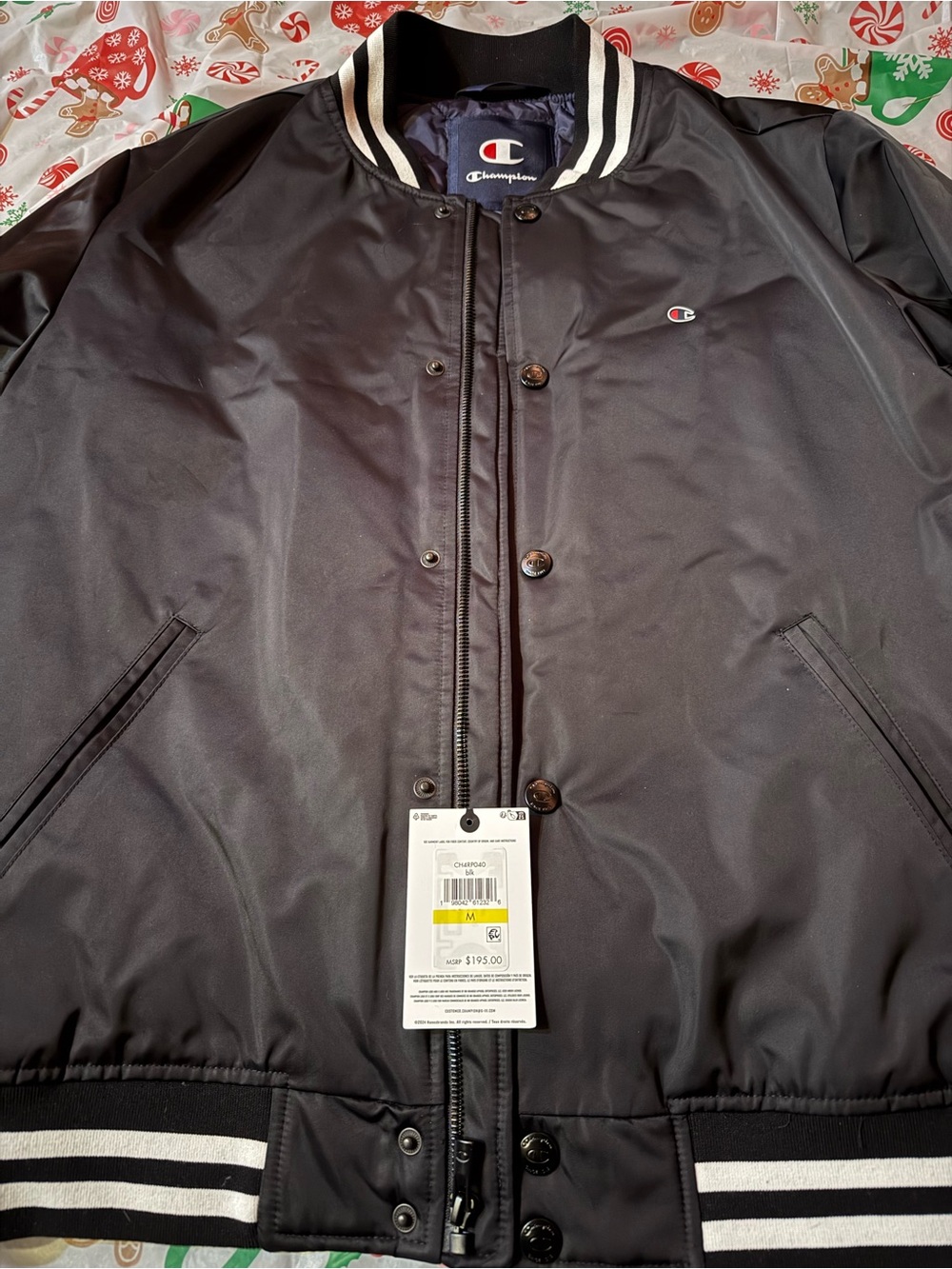 Champion Black Bomber Jacket with White Stripe Collar